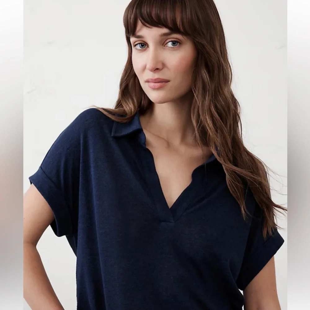 Banana Republic Navy Blue Linen Blend Johnny Collar Blouse Top Large